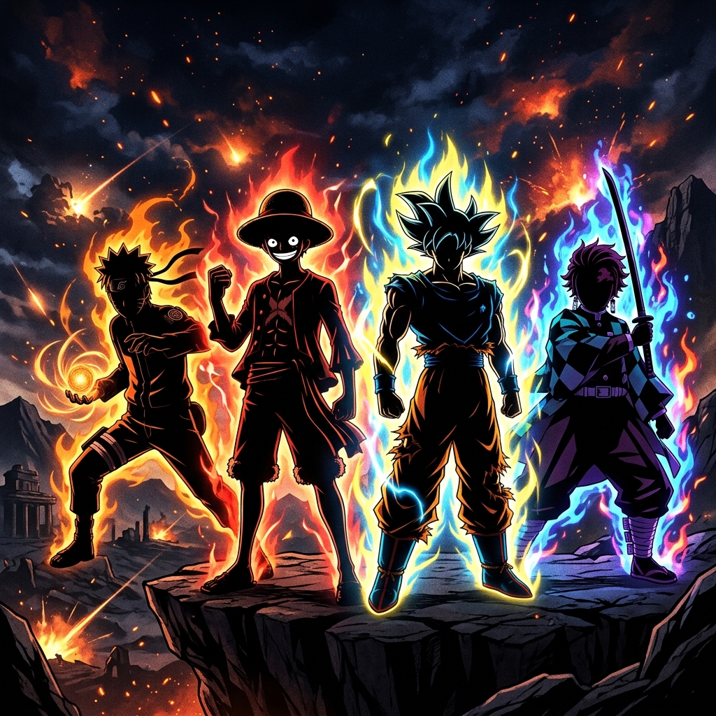Herói de anime em pose épica